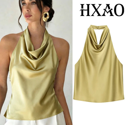 Top Feminino HXAO Y2K – Cropped de Cetim com Decote Halter, Ombros à Mostra e Costas Abertas para Festas e Looks de Verão