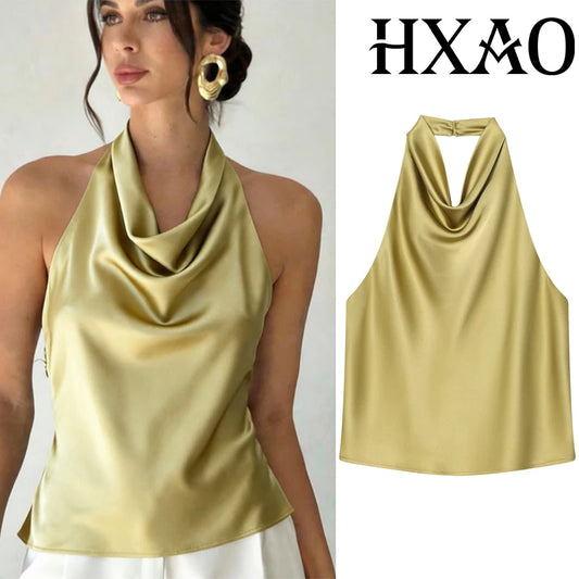 Top Feminino HXAO Y2K – Cropped de Cetim com Decote Halter, Ombros à Mostra e Costas Abertas para Festas e Looks de Verão