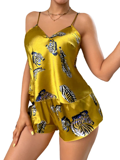 Pijama Feminino de Cetim com Estampa Zebra – Conjunto de 2 Peças com Regata de Alças Finas em Decote V e Shorts Elegante para Dormir e Relaxar