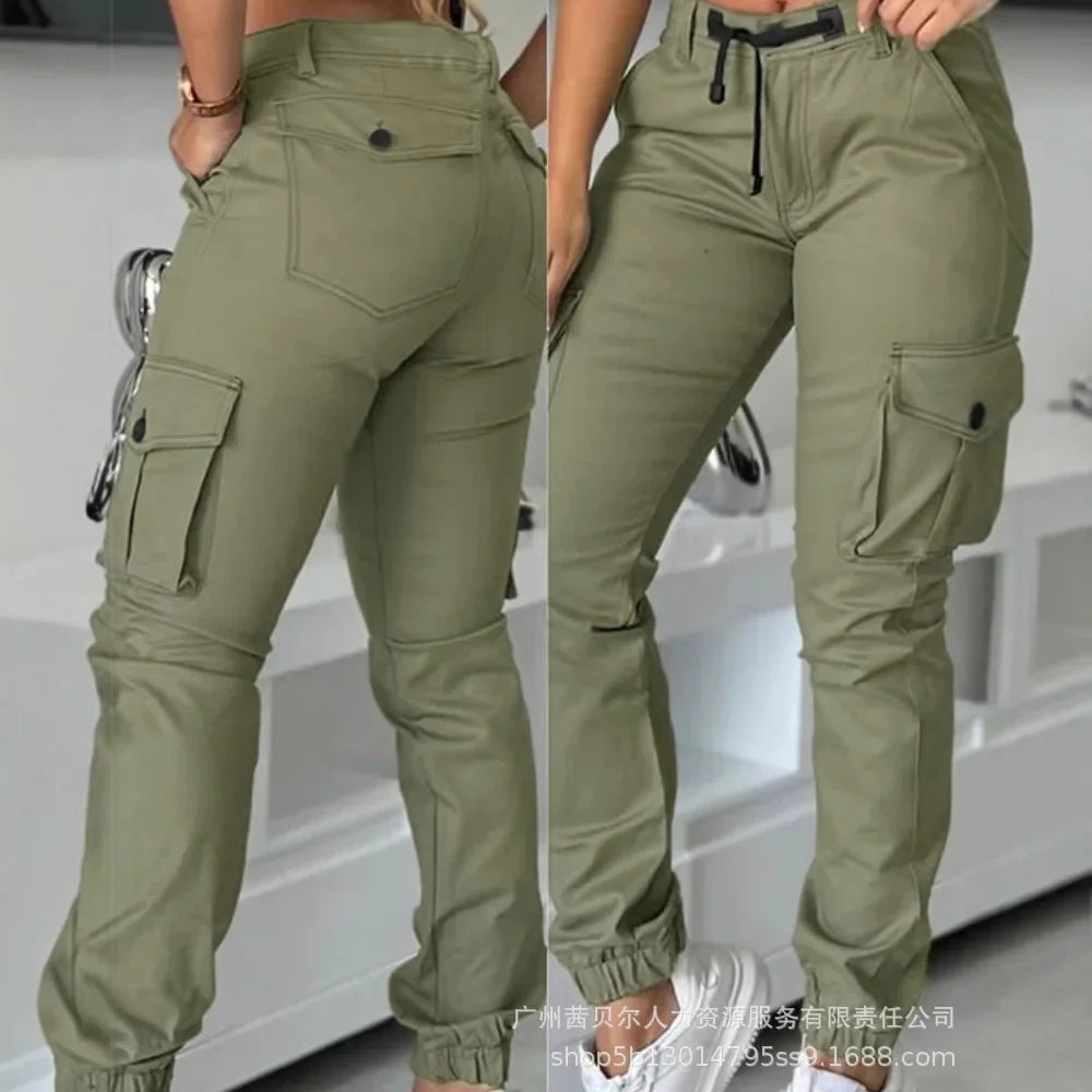 Calça Feminina Cargo Y2K – Modelo de Cintura Alta com Múltiplos Bolsos, Barra Dobrada e Corte Slim Fashion