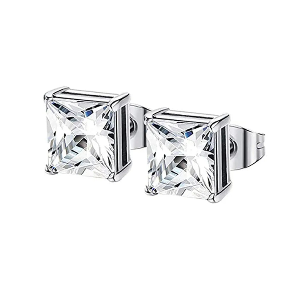 1-2 Pares de Brincos de Pino em Aço Inoxidável 316L Hipoalergênico com Zircônia CZ – Modelo Quadrado e Redondo Unissex (3-8 mm)