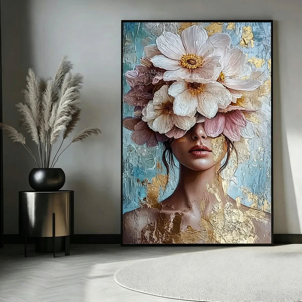 Quadro Decorativo Nórdico Luxuoso com Retrato Feminino e Flores em Dourado
