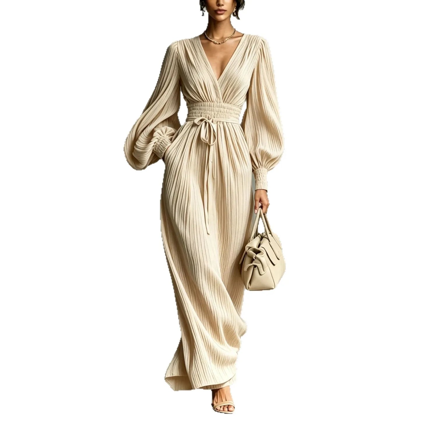 Vestido Feminino Longo Plissado com Decote V Profundo – Manga Longa Bufante, Cintura Alta Modeladora e Estilo Elegante Casual para Mulheres