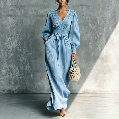 Vestido Feminino Longo Plissado com Decote V Profundo – Manga Longa Bufante, Cintura Alta Modeladora e Estilo Elegante Casual para Mulheres