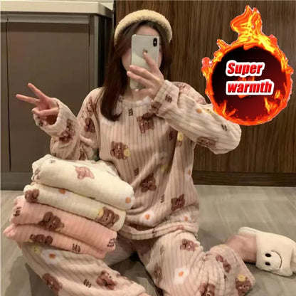 Pijama Feminino de Inverno com Estampa de Ursinho – Conjunto de Flanela Coral Quente e Aconchegante para Casa