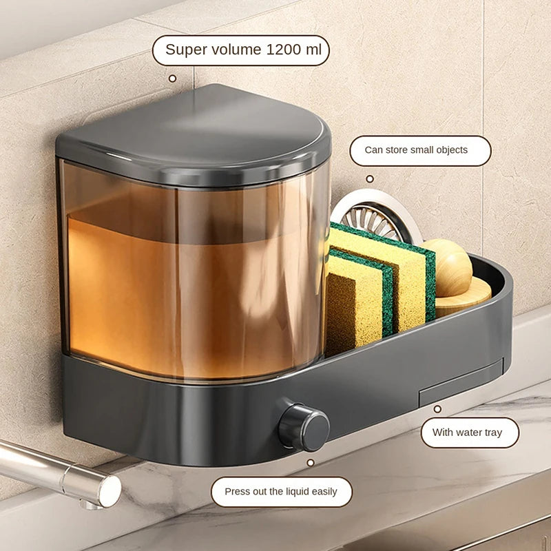 Dispenser de Sabonete de Parede com Suporte para Esponja e Bandeja de Drenagem – Recipiente para Detergente Líquido à Prova d’Água
