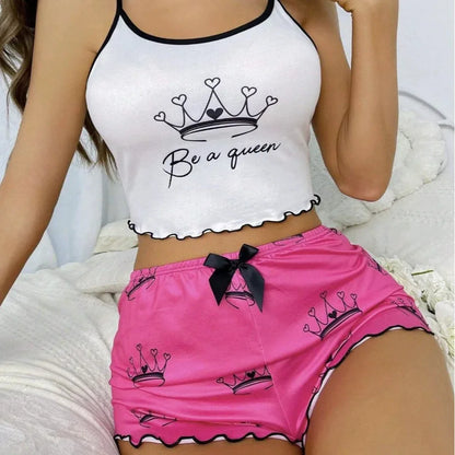 Conjunto Feminino de Verão em Seda Milk Silk – Regata e Shorts com Estampa de Coroa e Flamingo, Pijama Casual para Casa
