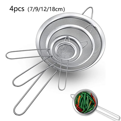 1-4 Peças de Peneira de Malha Fina em Aço Inoxidável – Peneirador de Farinha com Cabo para Confeitaria e Cozinha