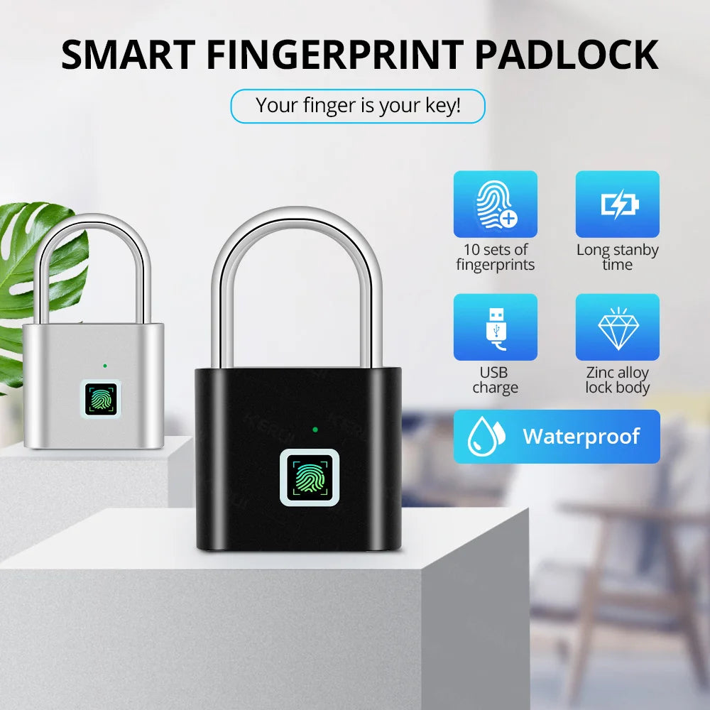 Cadeado Biométrico KERUI com Impressão Digital, USB, À Prova D’água e Antifurto