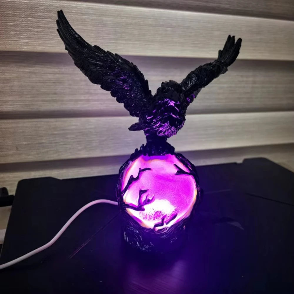 Creative Gothic Raven LED Lamp Sculpture Purple Glow Sphere Mysterious Decor for Dark Art Unique Desk Night Light Ornament