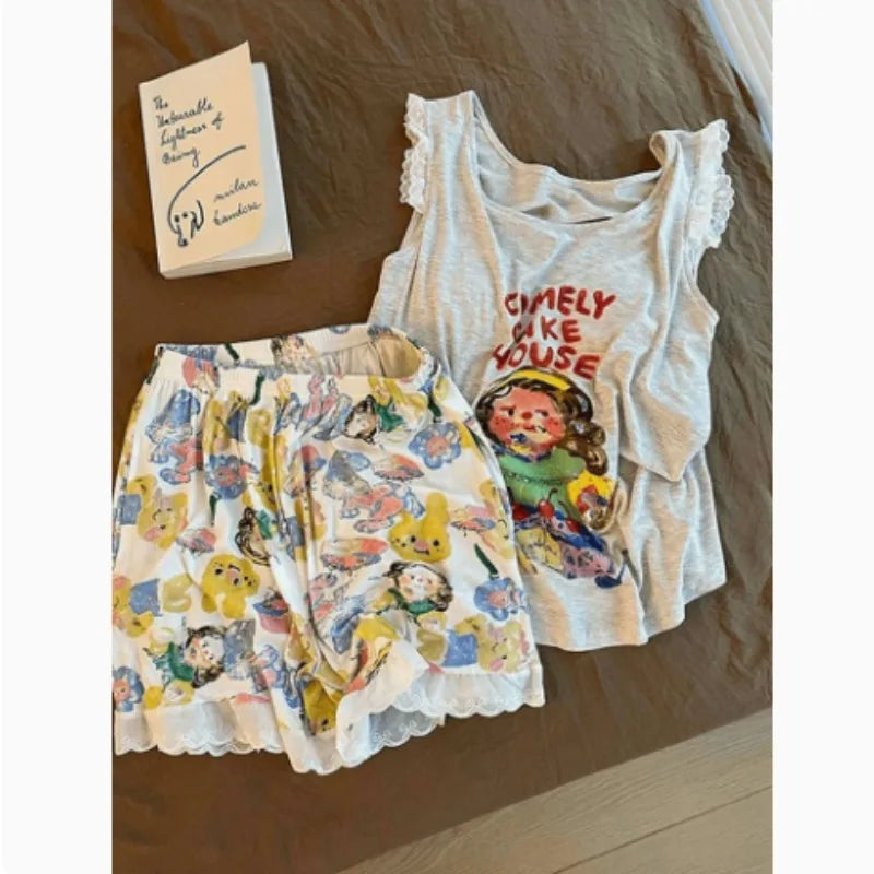 Pijama Feminino de Verão com Bojo – Conjunto de Regata e Shorts com Estampa de Cartoon, Confortável e Charmoso para Dormir e Relaxar