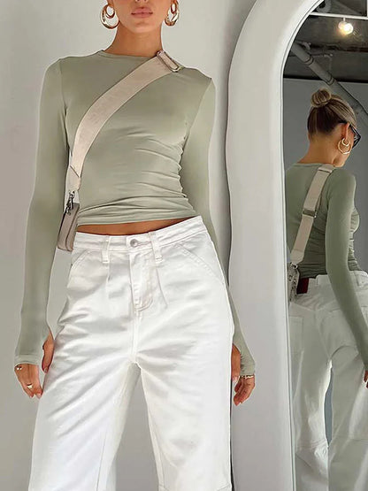 Camiseta Feminina Cropped Slim Fit – Blusa de Manga Longa com Gola Redonda, Abertura para Polegar e Estilo Streetwear Casual para o Dia a Dia