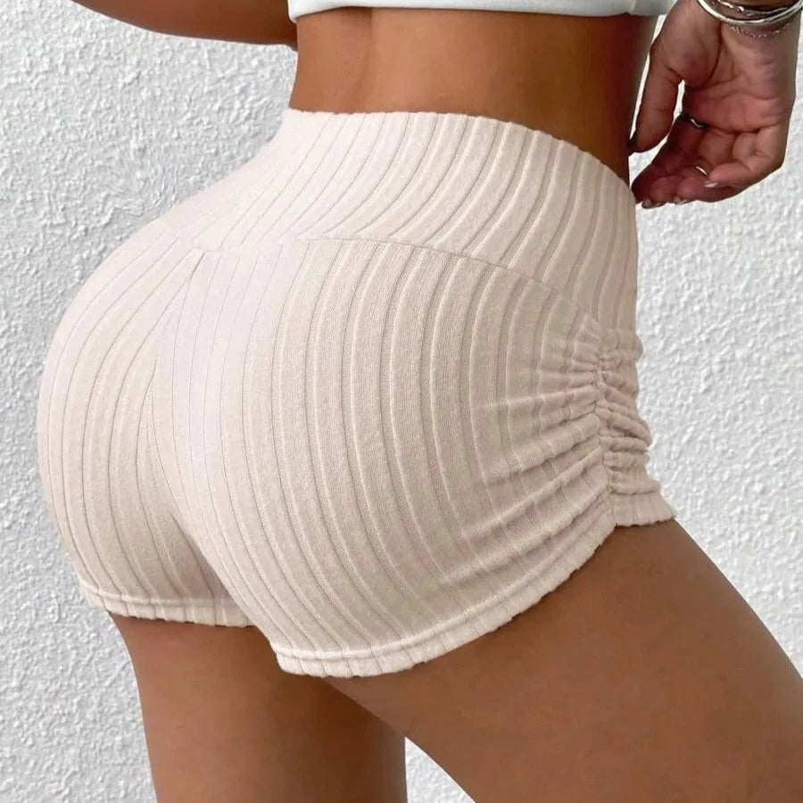 Short Feminino Canelado de Cintura Alta – Modelo Slim com Tecido Elástico para Dormir, Academia, Yoga, Fitness e Uso Casual