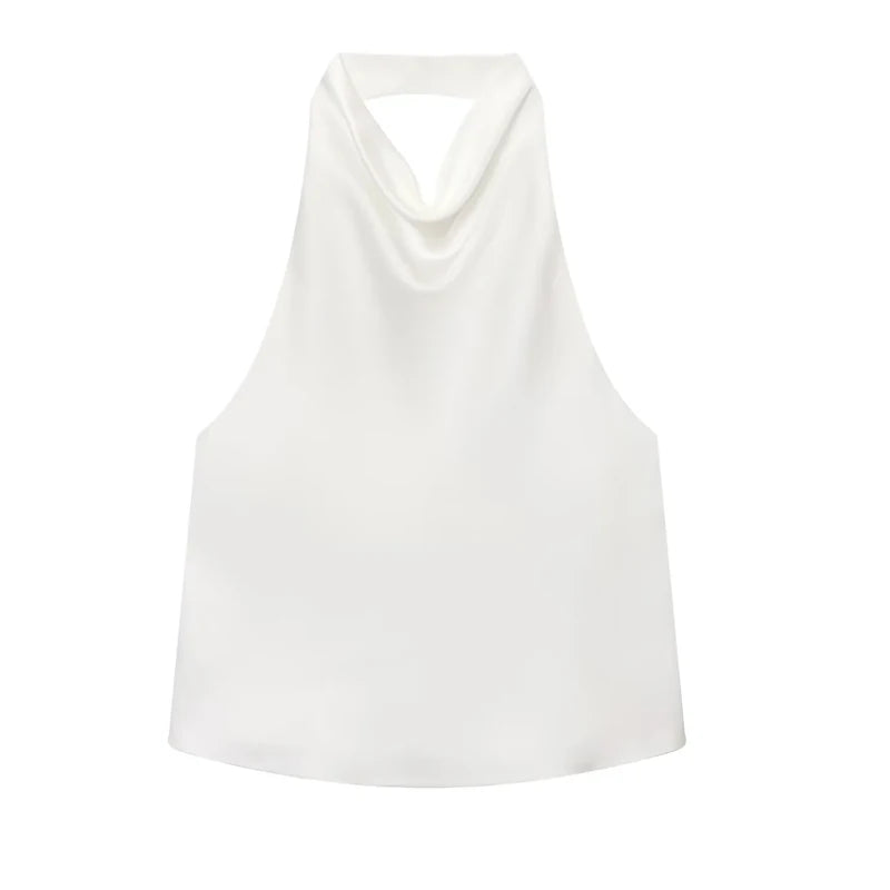Top Feminino HXAO Y2K – Cropped de Cetim com Decote Halter, Ombros à Mostra e Costas Abertas para Festas e Looks de Verão
