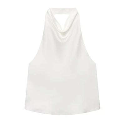 Top Feminino HXAO Y2K – Cropped de Cetim com Decote Halter, Ombros à Mostra e Costas Abertas para Festas e Looks de Verão