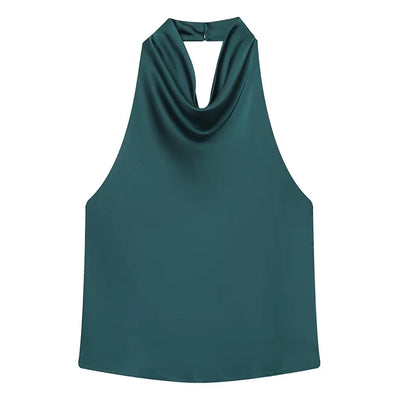 Top Feminino HXAO Y2K – Cropped de Cetim com Decote Halter, Ombros à Mostra e Costas Abertas para Festas e Looks de Verão