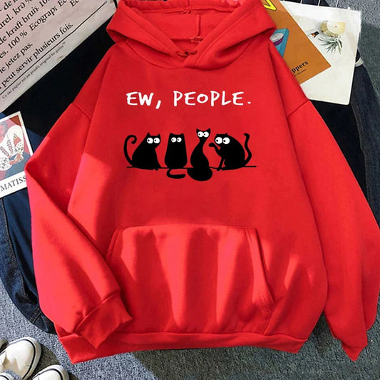 Moletom Feminino Retrô Americano 2025 – Blusa com Capuz, Estampa de Gato Preto e Frase Divertida, Estilo Harajuku Casual