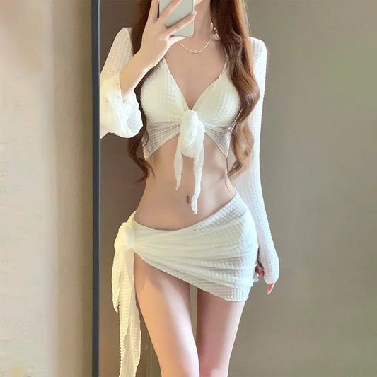 Biquíni Feminino de Tricô com Manga Longa – Conjunto Sensual com Efeito Push-Up e Saída de Praia Elegante para Resorts e Férias