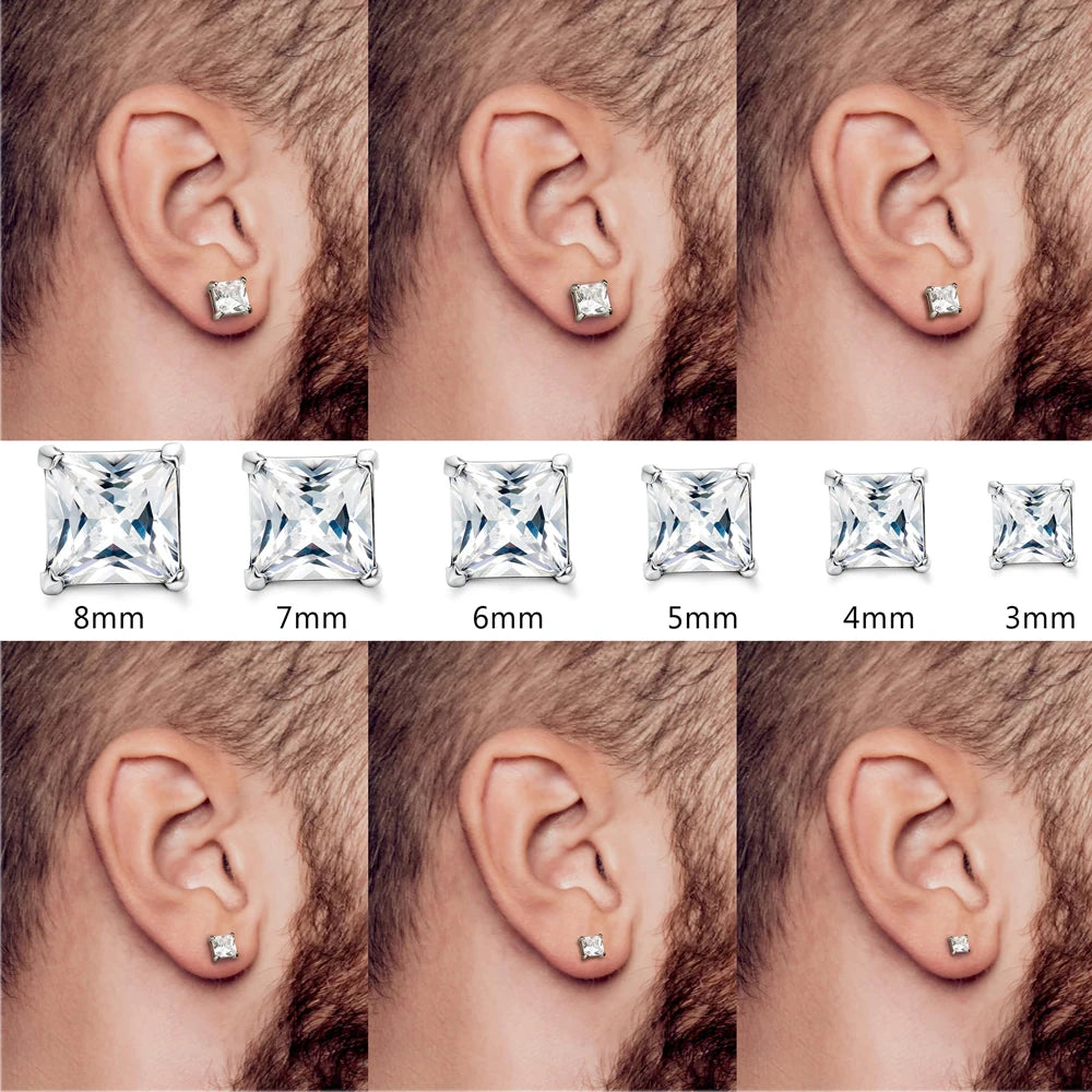 1-2 Pares de Brincos de Pino em Aço Inoxidável 316L Hipoalergênico com Zircônia CZ – Modelo Quadrado e Redondo Unissex (3-8 mm)
