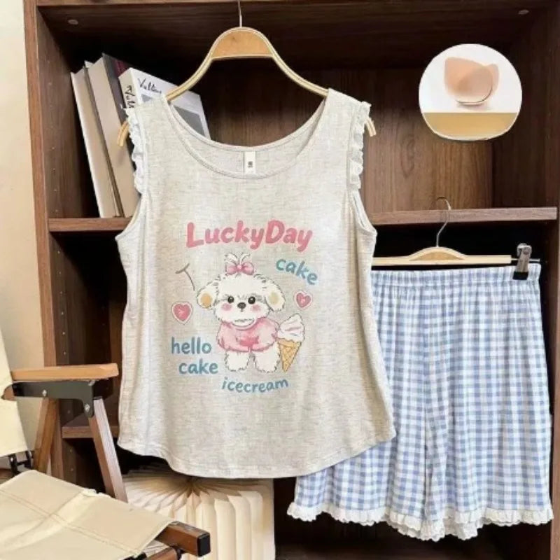 Pijama Feminino de Verão com Bojo – Conjunto de Regata e Shorts com Estampa de Cartoon, Confortável e Charmoso para Dormir e Relaxar