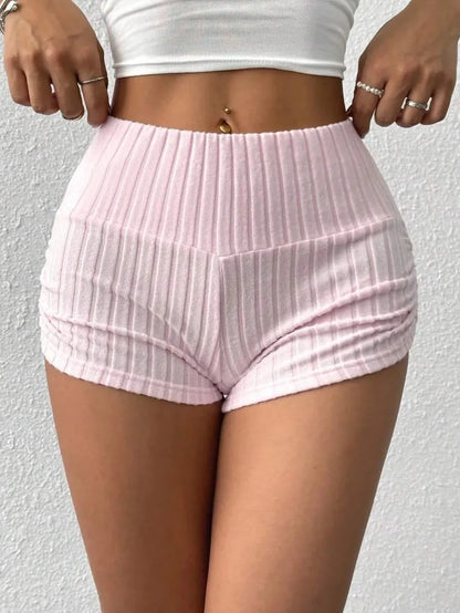 Short Feminino Canelado de Cintura Alta – Modelo Slim com Tecido Elástico para Dormir, Academia, Yoga, Fitness e Uso Casual