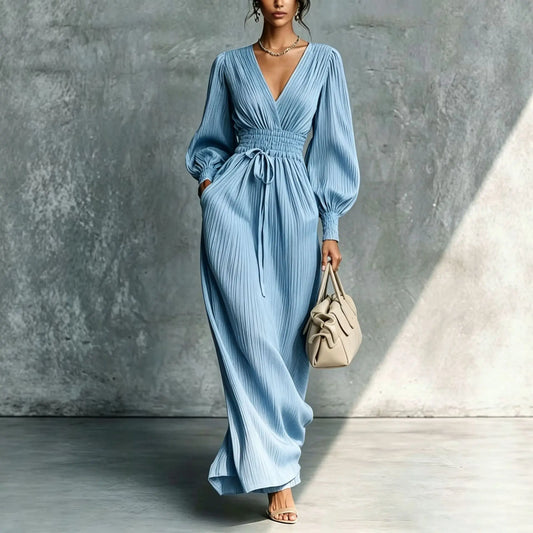 Vestido Feminino Longo Plissado com Decote V Profundo – Manga Longa Bufante, Cintura Alta Modeladora e Estilo Elegante Casual para Mulheres