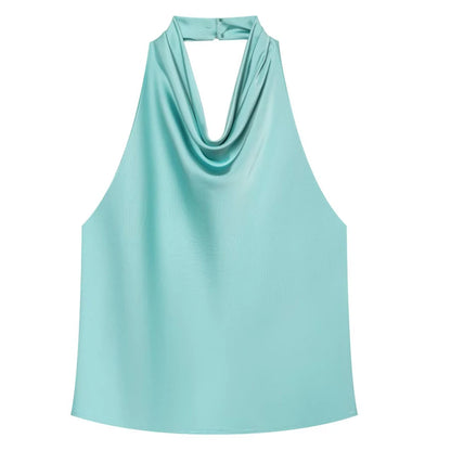 Top Feminino HXAO Y2K – Cropped de Cetim com Decote Halter, Ombros à Mostra e Costas Abertas para Festas e Looks de Verão