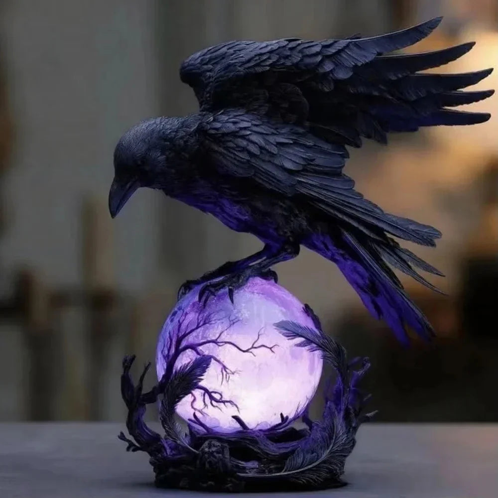 Creative Gothic Raven LED Lamp Sculpture Purple Glow Sphere Mysterious Decor for Dark Art Unique Desk Night Light Ornament