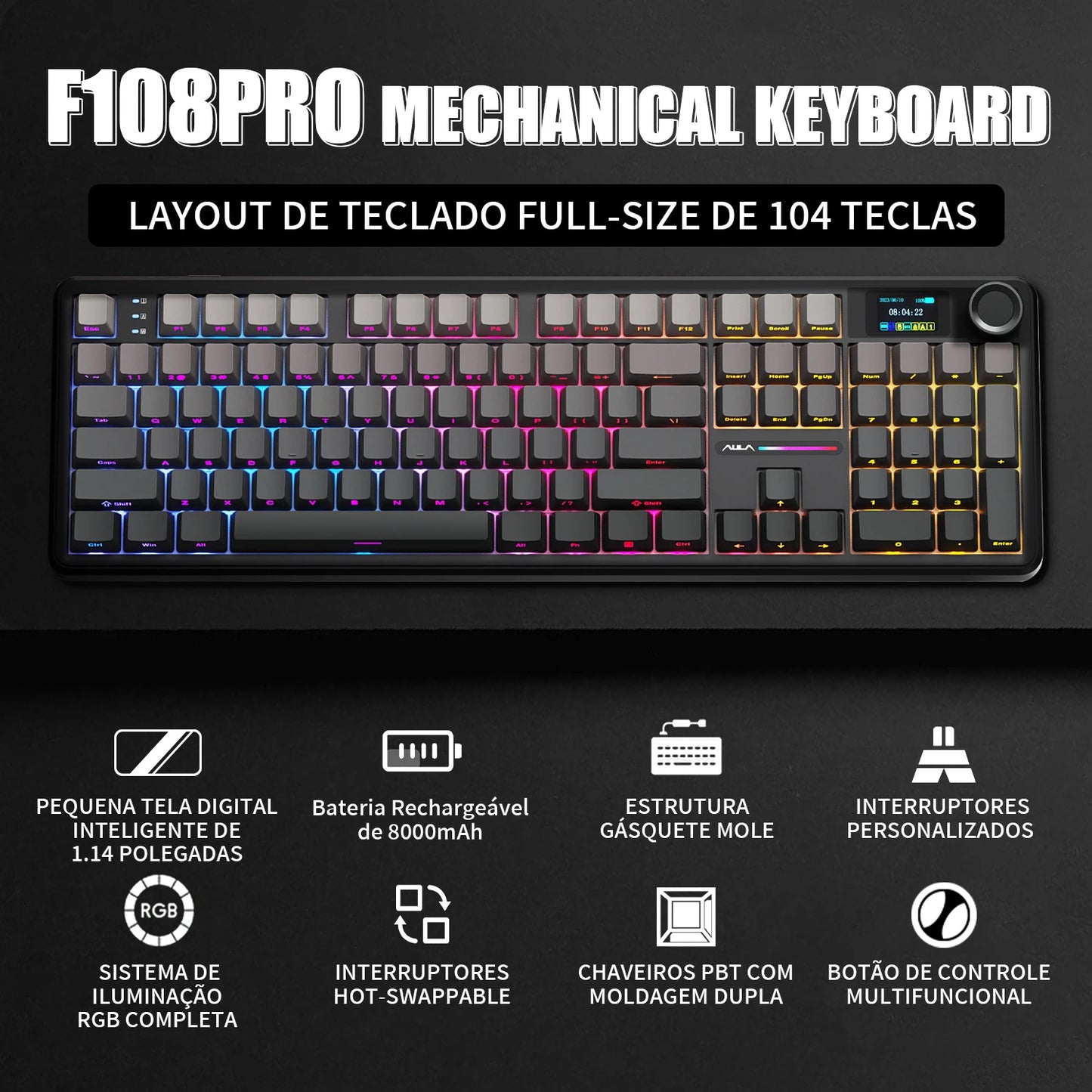 Teclado Mecânico Gamer AULA F108 Pro RGB 104 Teclas