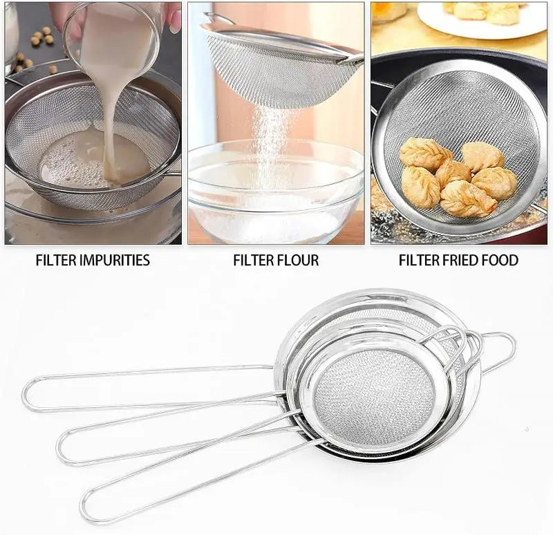 1-4 Peças de Peneira de Malha Fina em Aço Inoxidável – Peneirador de Farinha com Cabo para Confeitaria e Cozinha