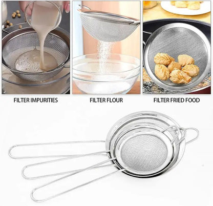1-4 Peças de Peneira de Malha Fina em Aço Inoxidável – Peneirador de Farinha com Cabo para Confeitaria e Cozinha