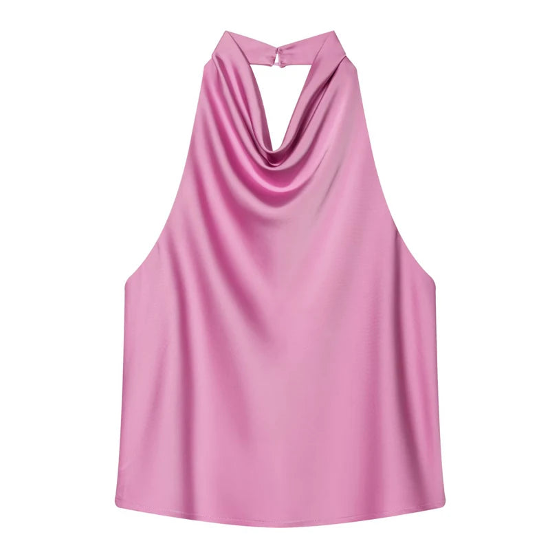 Top Feminino HXAO Y2K – Cropped de Cetim com Decote Halter, Ombros à Mostra e Costas Abertas para Festas e Looks de Verão