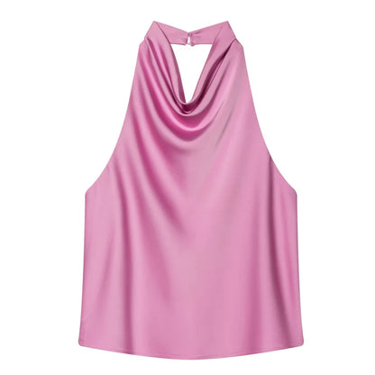 Top Feminino HXAO Y2K – Cropped de Cetim com Decote Halter, Ombros à Mostra e Costas Abertas para Festas e Looks de Verão