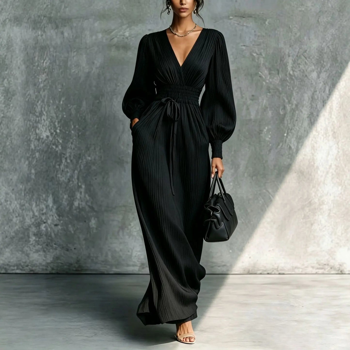 Vestido Feminino Longo Plissado com Decote V Profundo – Manga Longa Bufante, Cintura Alta Modeladora e Estilo Elegante Casual para Mulheres
