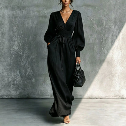 Vestido Feminino Longo Plissado com Decote V Profundo – Manga Longa Bufante, Cintura Alta Modeladora e Estilo Elegante Casual para Mulheres
