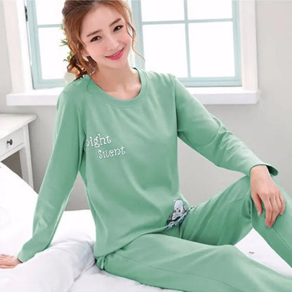 Spring Thin 2pieces Pyjamas Set Women Tops 2024 Cotton Round Neck Girls Pajamas Sets Teacup Cat Sleepwear Clothes Pijamas Mujer