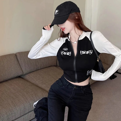 Cropped Feminino Coreano Retrô – Blusa de Manga Longa com Gola Alta, Zíper Curto e Modelagem Justa Estilo Motoqueiro