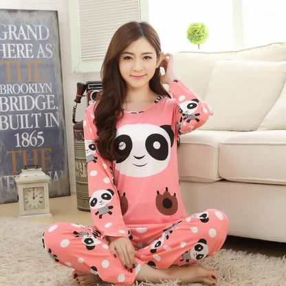 Spring Thin 2pieces Pyjamas Set Women Tops 2024 Cotton Round Neck Girls Pajamas Sets Teacup Cat Sleepwear Clothes Pijamas Mujer