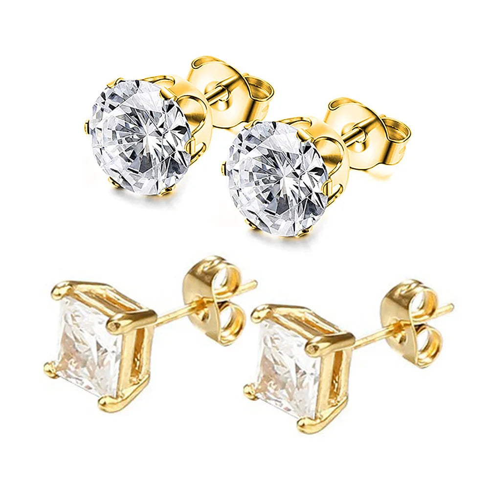 1-2 Pares de Brincos de Pino em Aço Inoxidável 316L Hipoalergênico com Zircônia CZ – Modelo Quadrado e Redondo Unissex (3-8 mm)