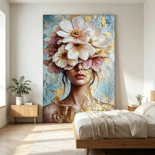 Quadro Decorativo Nórdico Luxuoso com Retrato Feminino e Flores em Dourado
