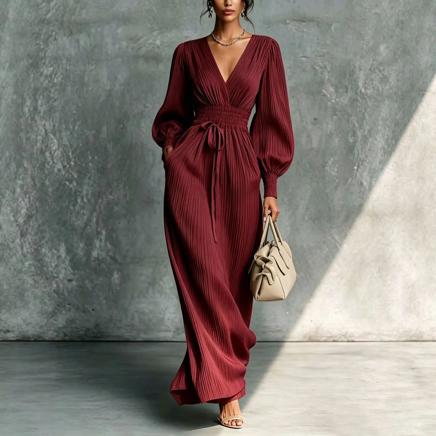 Vestido Feminino Longo Plissado com Decote V Profundo – Manga Longa Bufante, Cintura Alta Modeladora e Estilo Elegante Casual para Mulheres
