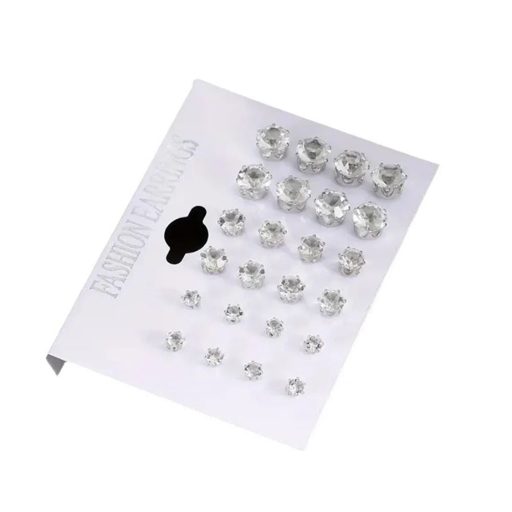 Kit com 12 Pares de Brincos de Pino em Aço Inoxidável – Brincos Redondos com Zircônia CZ Prateados Unissex