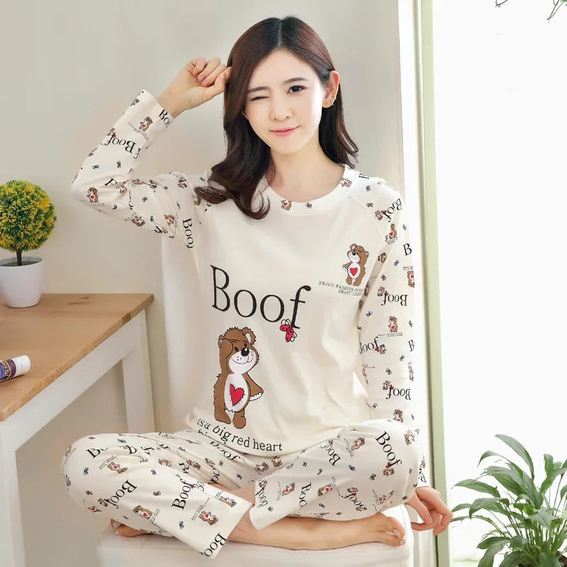 Spring Thin 2pieces Pyjamas Set Women Tops 2024 Cotton Round Neck Girls Pajamas Sets Teacup Cat Sleepwear Clothes Pijamas Mujer