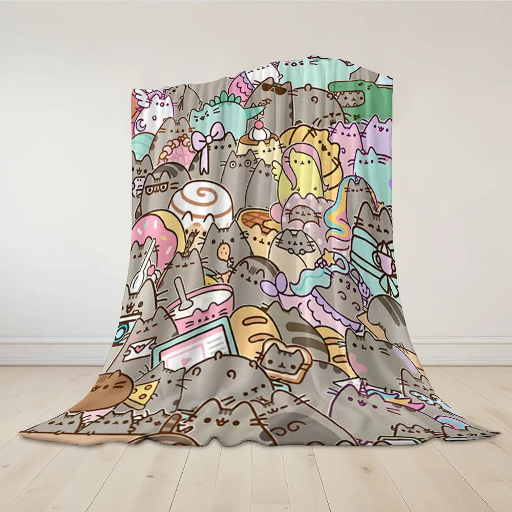 Cobertor Flanelado Fofo de Gato Pusheen – Manta Macia e Aconchegante para Sofá e Decoração