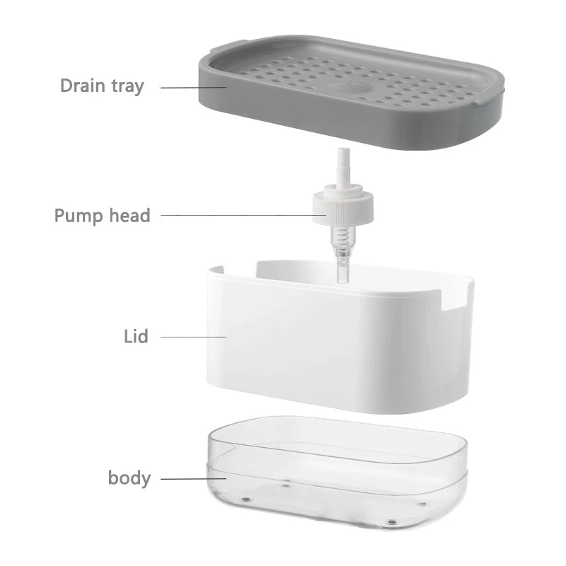 Dispenser de Sabonete com Pressão e Suporte para Esponja – Recipiente Automático para Detergente Líquido e Espuma de Cozinha e Banheiro